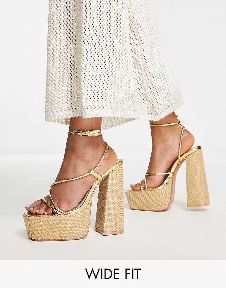 Public Desire Wide Fit Blissful raffia strappy platform shoes in gold